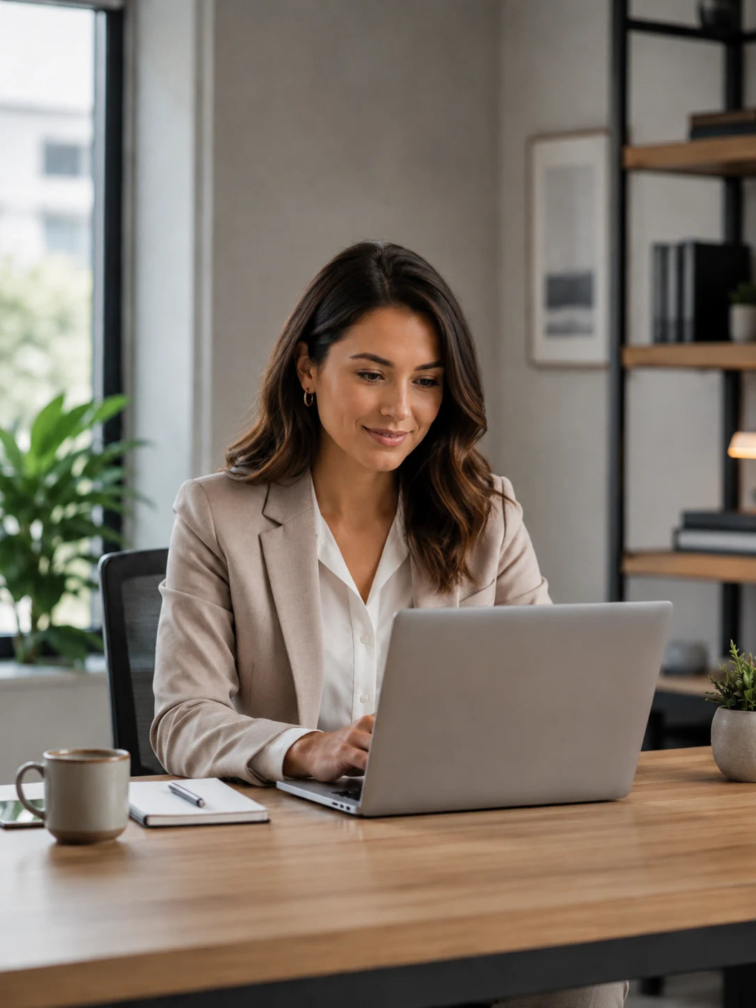 Professional business support specialist responding to client questions on a laptop.